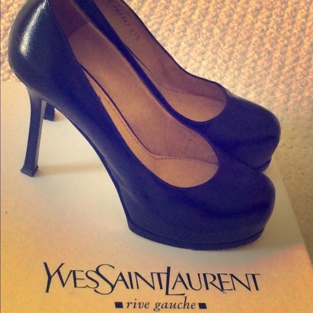 YSL Black Leather "Tribtoo 80" Platform Pumps